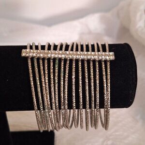 A Women's Silver Tone Stacked Bangle Bracelet Rhinestone Elegant Evening